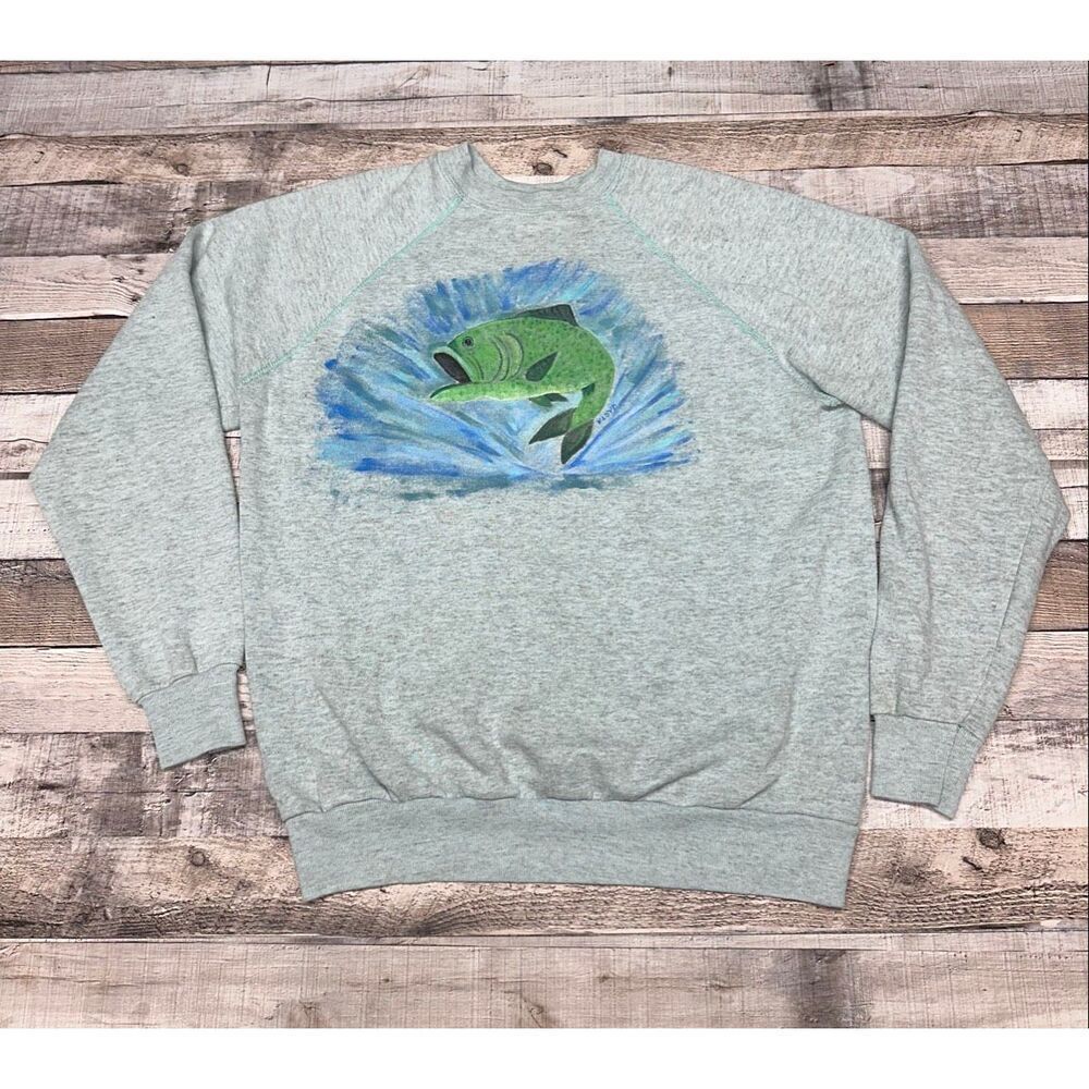 Vintage 80s Tultex Green Bass Fish Grey Crewneck Pullover Sweatshirt Mens Large